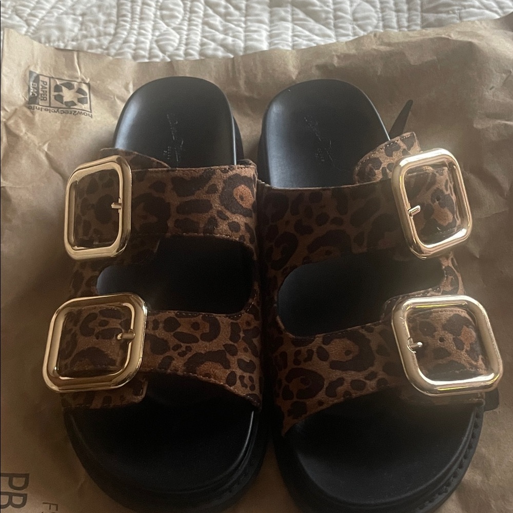 SOLD: Leopard Print Mules/Sandals with gold Buckles!
